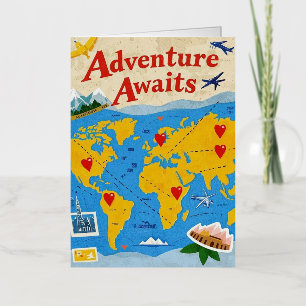 World map dotted with heart pins and landmarks foil greeting card