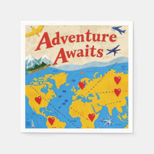 World map dotted with heart pins and landmarks napkin