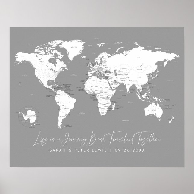 World Map for Couples in Grey Labelled-Life is a J Poster (Front)