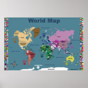 World Map For Kids - Blue with Flags Poster