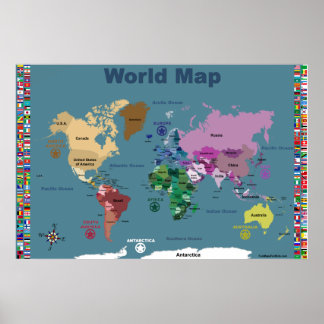World Map For Kids - Blue with Flags Poster