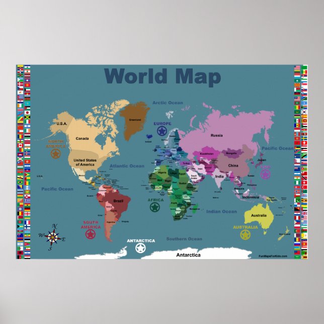 World Map For Kids - Blue with Flags Poster (Front)