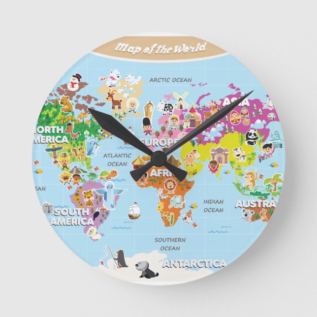 World Map For Kids - Cute and Fun Round Clock (Front)