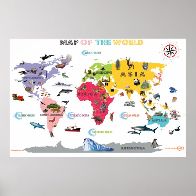 World Map For Kids - White and Bright Interactive Poster (Front)