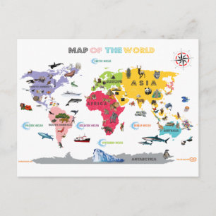 World Map For Kids - White and Bright Postcard