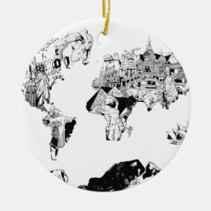 world map galaxy black and white 3 ceramic tree decoration