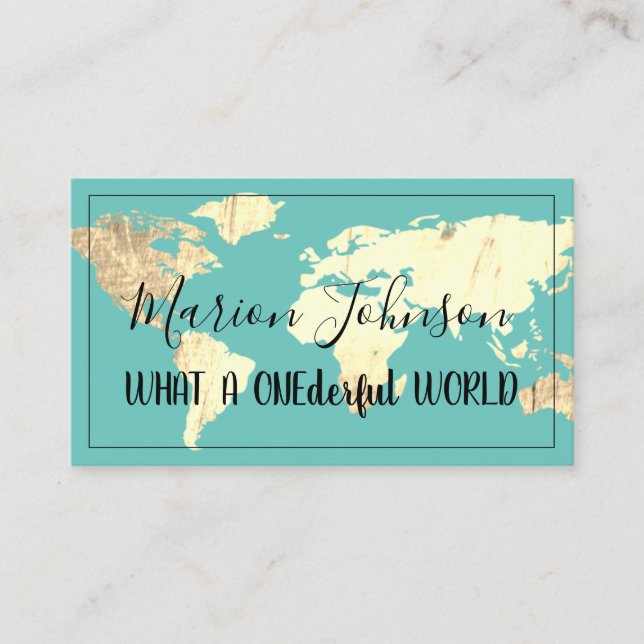World Map Globe Map Travel Agency Gold Blue Teal Business Card (Front)