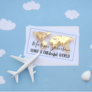 World Map Globe Map Travel Agency Gold Logo Blue Business Card