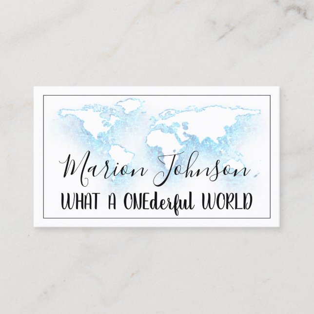 World Map Globe Map Travel Agency White Logo Blue Business Card (Front)