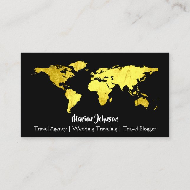 World Map Globe Map Travelling Black Gold Logo  Business Card (Front)