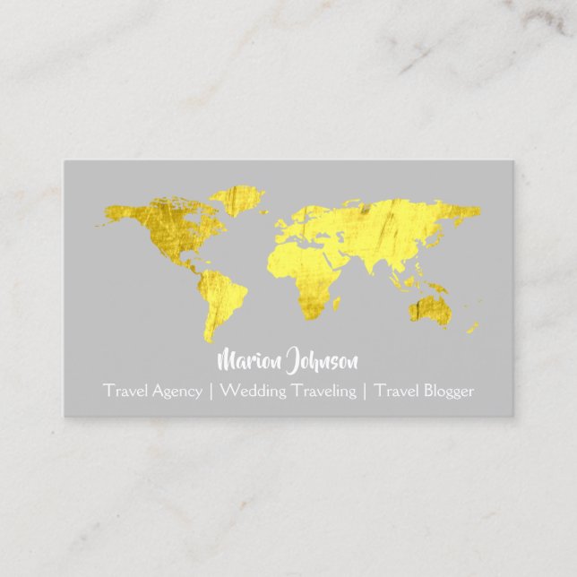 World Map Globe Map Travelling Logo Grey Gold Business Card (Front)