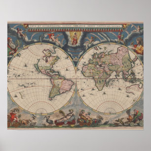 World Map Globe Travel Antique Poster