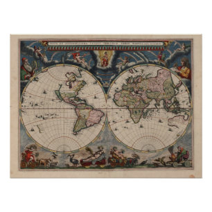 World Map Globe Travel Antique Poster