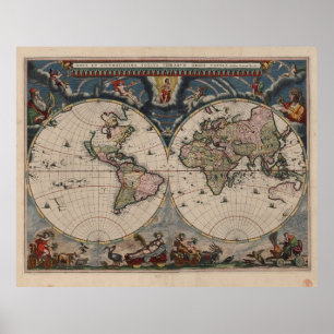 World Map Globe Travel Antique Poster