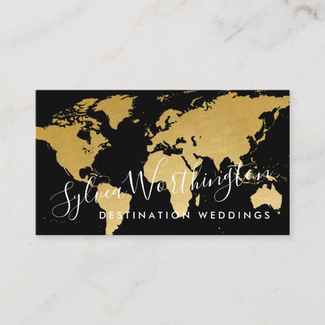 World Map Gold and Black Travel Business Card (Front)