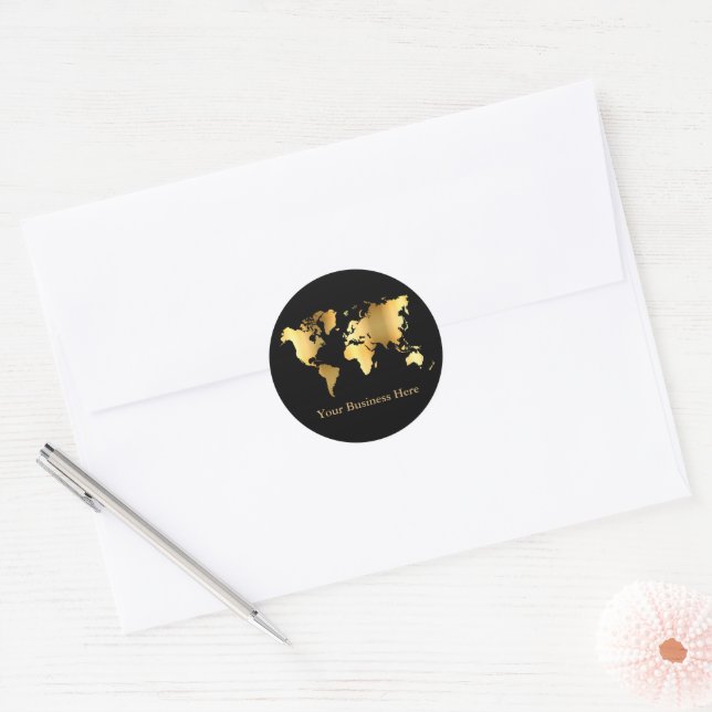 World Map Gold/Black Classic Round Sticker (Envelope)