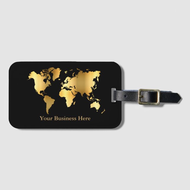 World Map Gold/Black Luggage Tag (Front Horizontal)
