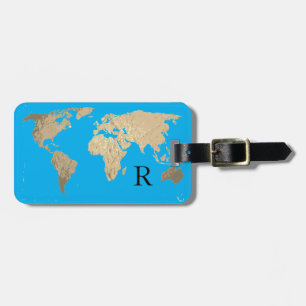 World Map Gold Blue Black Monogram Initail Gift Luggage Tag