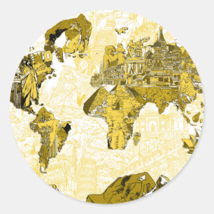 world map gold classic round sticker