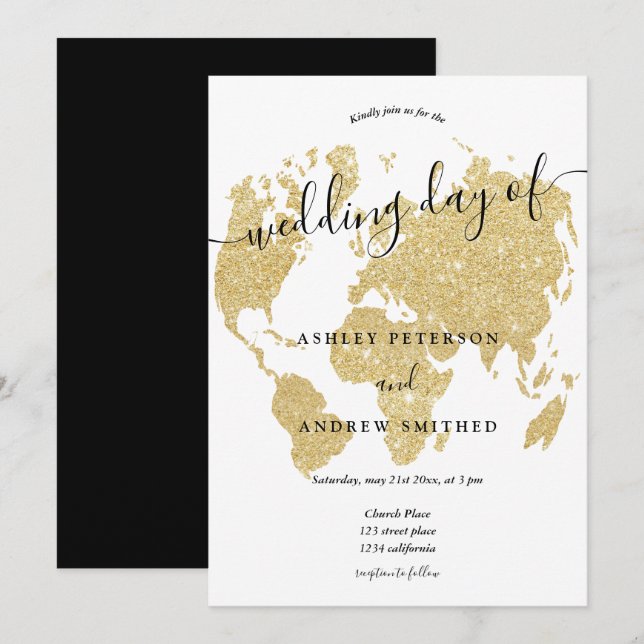 World map gold glitter chic script wedding invitation (Front/Back)