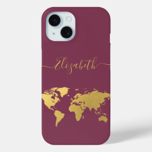 World map gold travellers personalized iPhone 15 case