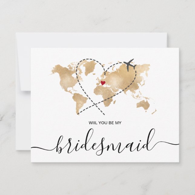 World Map Gold Will You Be My Bridesmaid Invitation (Front)
