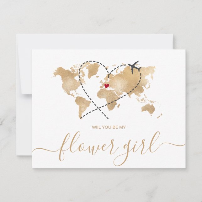 World Map Gold Will You Be My FLOWER GIRL Invitati Invitation (Front)