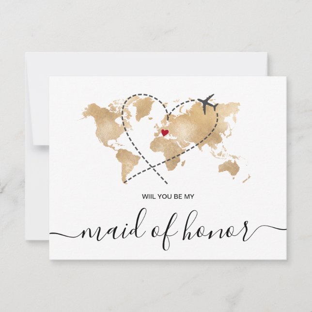 World Map Gold Will You Be My Maid of Honour Invitation (Front)