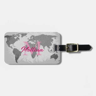 World Map Grey Pink Monograms Traveller Name Gift Luggage Tag
