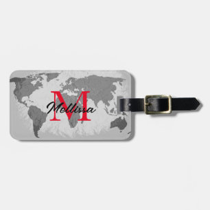 World Map Grey Red Monograms Traveller Name Gift Luggage Tag