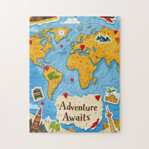 World Map Heart Pins Adventure Awaits Jigsaw Puzzle