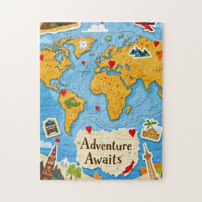 World Map Heart Pins Adventure Awaits  Jigsaw Puzzle (Vertical)