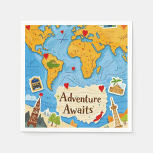 World Map Heart Pins Adventure Awaits Napkin