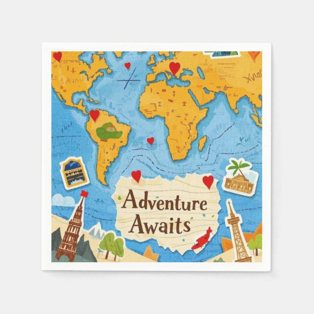 World Map Heart Pins Adventure Awaits  Napkin (Front)