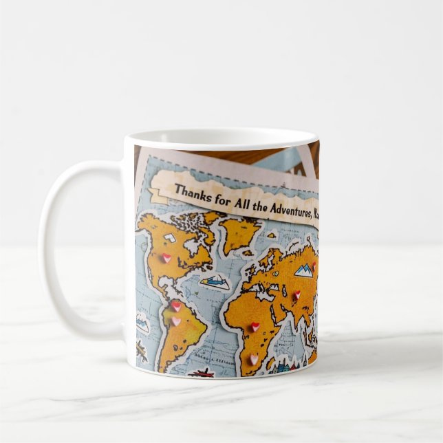 World map heart pins and landmarks coffee mug (Left)