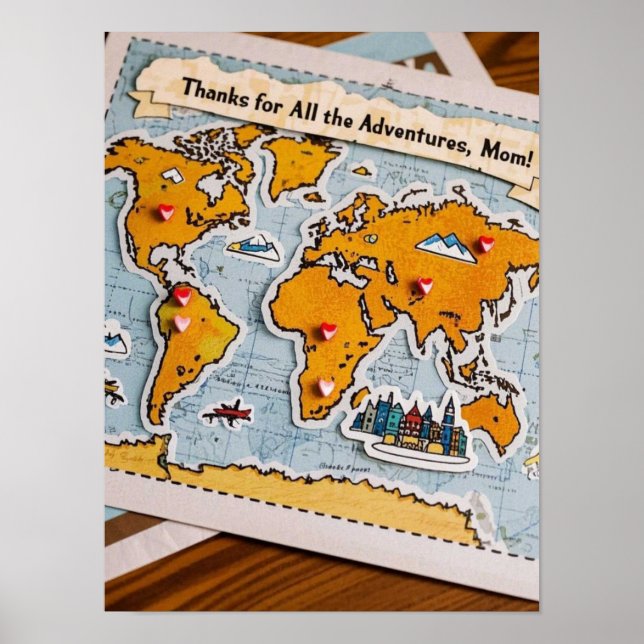 World map heart pins and landmarks poster (Front)
