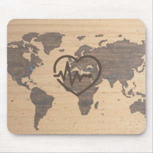 World Map Heartbeat woodgrain Mouse Mat