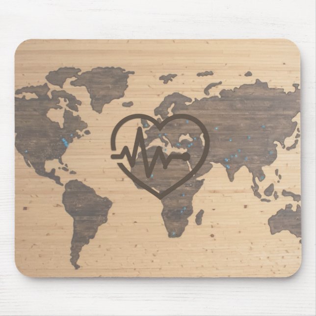 World Map Heartbeat woodgrain Mouse Mat (Front)