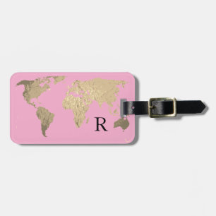 World Map Hot Gold Monogram Initial Name Gift Luggage Tag