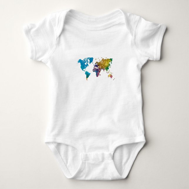 World map in watercolor baby bodysuit (Front)