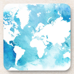 World Map In Watercolor Blues Coaster