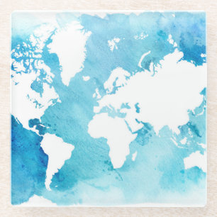 World Map In Watercolor Blues Glass Coaster