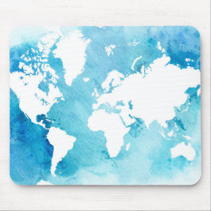 World Map In Watercolor Blues Mouse Mat