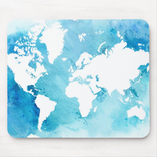 World Map In Watercolor Blues Mouse Mat (Front)