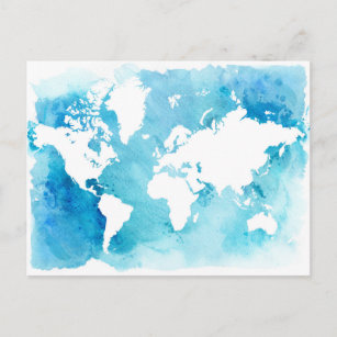World Map In Watercolor Blues Postcard