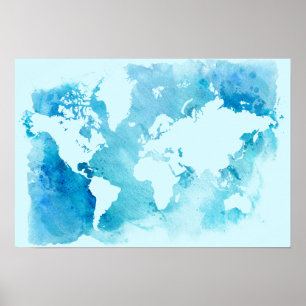 World Map In Watercolor Blues Poster