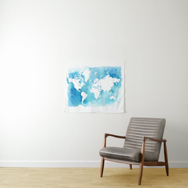 World Map In Watercolor Blues Tapestry (In Situ (Horizontal))