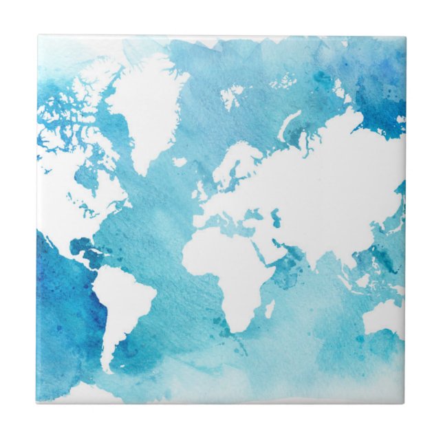 World Map In Watercolor Blues Tile (Front)