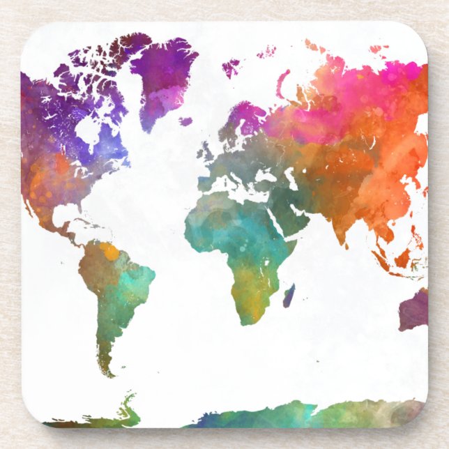 World Map In Watercolor Coaster (Front)