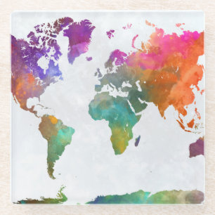 World Map In Watercolor Glass Coaster
